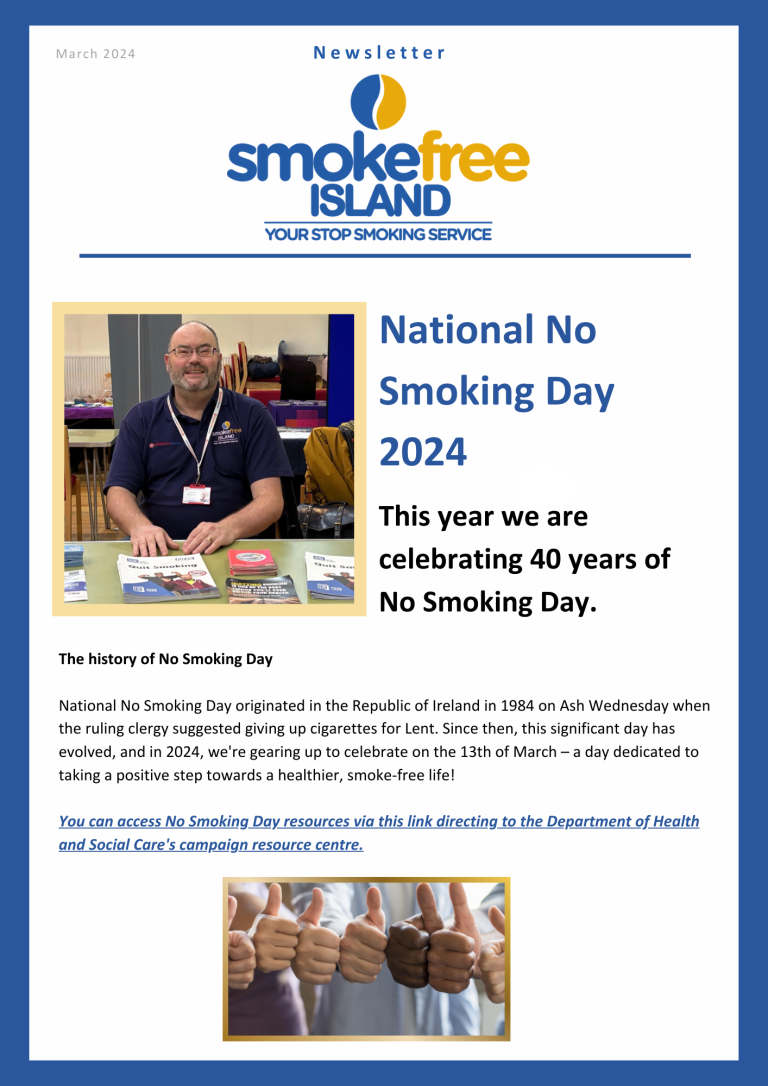 Page 1 of Smokefree Island's March 2024 newsletter