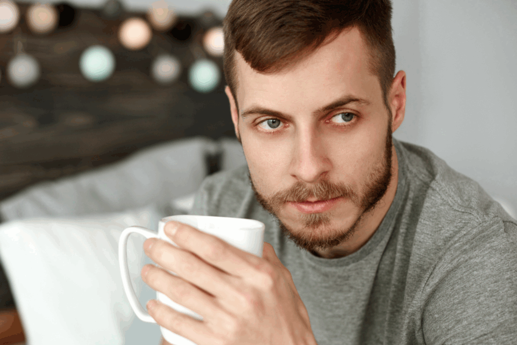 A young man drinking a coffee, he is sitting on a sofa